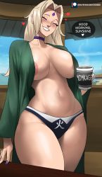 Rule 34 | 1girl, absurdres, black panties, blonde hair, blush, breasts, closed eyes, coffee, coffee cup, collar, cup, disposable cup, echo saber, english text, facial mark, female focus, fingernails, heart, highres, holding, holding cup, large breasts, long hair, looking at viewer, mature female, nail polish, naruto (series), naruto shippuuden, open clothes, panties, partially undressed, sharp fingernails, smile, solo, speech bubble, thighs, tsunade (naruto), underwear