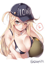 Rule 34 | 1girl, alternate costume, ball, bikini, black bikini, blonde hair, blue eyes, breast press, breasts, character name, cleavage, collarbone, cropped torso, ebifurya, groin, hair between eyes, hair over shoulder, heart, highres, holding, holding ball, iowa (kancolle), jockey, kantai collection, large breasts, long hair, looking at viewer, messy hair, one eye closed, sidelocks, solo, spoken heart, star-shaped pupils, star (symbol), swimsuit, symbol-shaped pupils, tongue, tongue out, twitter username, white background