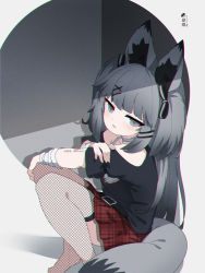 Rule 34 | 1girl, animal ear fluff, animal ears, bandaged arm, bandages, black nails, black shirt, bow, clothing cutout, commentary, commission, eyebrows hidden by hair, fishnet thighhighs, fishnets, fox ears, fox girl, fox tail, grey eyes, grey hair, hair bow, hair ornament, hairclip, highres, knees up, kuro kosyou, long hair, looking at viewer, nail polish, no shoes, original, parted lips, plaid, plaid skirt, pleated skirt, red skirt, shirt, short sleeves, shoulder cutout, sitting, skeb commission, skirt, solo, striped, striped bow, tail, thighhighs, two side up, very long hair, x hair ornament