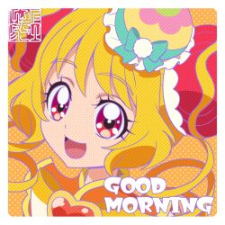 Rule 34 | 1girl, blonde hair, bun cover, commentary, cure yum-yum, delicious party precure, drill hair, good morning, hanamichi ran, hat, kamikita futago, long hair, magical girl, official art, open mouth, precure, red eyes, smile, solo, swept bangs, twin drills