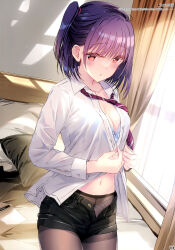Rule 34 | 1girl, absurdres, bed, bra, breasts, buttons, cleavage, collarbone, curtains, day, fingernails, highres, indoors, kobayashi chisato, medium breasts, navel, necktie, original, panties, panties under pantyhose, pantyhose, pillow, purple eyes, red eyes, scan, shirt, short hair, shorts, side ponytail, simple background, solo, stomach, unbuttoned, underwear, undressing, white shirt, window