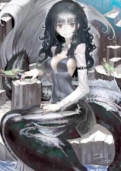 Rule 34 | 1girl, absurdres, armband, bird, black hair, breasts, cleavage, commentary, detached collar, detached sleeves, fins, grey eyes, highres, long hair, looking at viewer, mermaid, messy hair, monster girl, original, signature, sitting, smile, solo, tefec