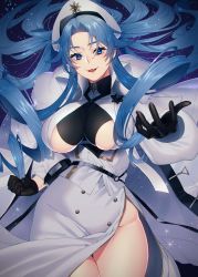 Rule 34 | 1girl, absurdres, azur lane, black gloves, blue eyes, blue hair, blush, breasts, clenched hand, clothing cutout, eyebrows hidden by hair, floating hair, gloves, highres, jacket, large breasts, long hair, maitei roppa, no panties, open hand, open mouth, parted bangs, smile, solo, sovetskaya belorussiya (azur lane), star (sky), underboob, underboob cutout, very long hair, white jacket