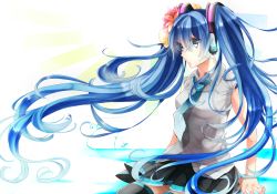 1girl aikawa_sakuko aqua_eyes bad_id bad_pixiv_id blue_hair female_focus flower gradient_background hair_flower hair_ornament hatsune_miku long_hair necktie skirt solo thighhighs twintails very_long_hair vocaloid white_background