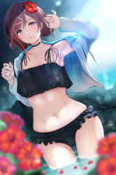 Rule 34 | 1girl, :o, arm up, armpits, bikini, black bikini, black choker, blue jacket, blurry, blurry background, blurry foreground, blush, breasts, brown hair, choker, cleavage, commentary request, cowboy shot, drawstring, dutch angle, flower, frilled bikini, frills, fujita kanbe, gluteal fold, hair between eyes, hair flower, hair ornament, hairclip, hands up, higuchi madoka, idolmaster, idolmaster shiny colors, jacket, long sleeves, looking at viewer, midriff, mole, mole under eye, navel, open clothes, open jacket, parted lips, petals, petals on liquid, purple eyes, resolution mismatch, short hair, sidelocks, small breasts, solo, source larger, standing, swept bangs, swimsuit, wading, water, wet, x hair ornament