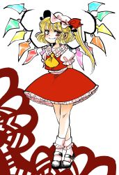 Rule 34 | 1girl, arms behind back, ascot, blonde hair, commentary request, eyebrows, fang, fang out, flandre scarlet, hat, hat ribbon, highres, komaku juushoku, mary janes, mob cap, puffy short sleeves, puffy sleeves, red eyes, red ribbon, red skirt, red vest, ribbon, shoes, short sleeves, side ponytail, skirt, smile, smirk, smug, solo, touhou, vest, white background, white hat, wings