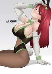 Rule 34 | 1girl, animal ears, arm support, arm tattoo, bow, bowtie, breasts, cleavage, commentary, elbow gloves, erza scarlet, fairy tail, flytrapxx, gloves, grey background, heart, highres, large breasts, leotard, long hair, looking at viewer, parted lips, playboy bunny, rabbit ears, rabbit tail, red hair, sitting, smile, tail, tattoo, teeth, twitter username, watermark