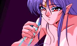 Rule 34 | animated, animated gif, blue hair, game cg, handjob, invisible penis, long hair, lowres, penis, pointy ears, purple hair, red eyes, solo focus, succubus (viper), topless, upper body, viper, viper v8