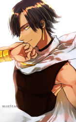 Rule 34 | 1boy, armlet, artist name, brown hair, cape, closed mouth, dark skin, dark-skinned male, earrings, fate/prototype, fate/prototype: fragments of blue and silver, fate (series), hand on own chin, highres, jewelry, kojima (blue stardust), looking at viewer, male focus, ozymandias (fate), simple background, solo, upper body, white background, white cape, yellow eyes