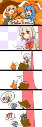 Rule 34 | !, !!, &gt; &lt;, 3girls, anger vein, animal ears, bad id, bad pixiv id, blonde hair, blue dress, blue hair, bow, rabbit ears, candy, comic, dress, english text, closed eyes, floppy ears, food, halloween, halloween costume, hat, highres, jacket, kishin sagume, long hair, long sleeves, misha (hoongju), multiple girls, open clothes, pumpkin hat, purple dress, red eyes, ringo (touhou), seiran (touhou), shirt, short hair, silver hair, single wing, smile, spoken exclamation mark, spoken character, touhou, trick or treat, wings, witch hat
