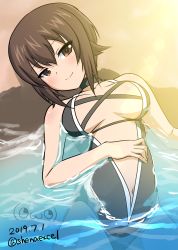 Rule 34 | 1girl, absurdres, artist logo, beach, black one-piece swimsuit, blush, breasts, brown eyes, brown hair, cleavage cutout, closed mouth, clothing cutout, commentary, dated, from above, girls und panzer, halterneck, hand on own stomach, head tilt, highres, lens flare, looking at viewer, lying, medium breasts, navel, nishizumi maho, on back, one-hour drawing challenge, one-piece swimsuit, partially submerged, shiina excel, short hair, smile, solo, stomach cutout, swimsuit, twitter username