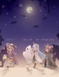 Rule 34 | !?, 4girls, animal, animal ears, bat (animal), black cape, black footwear, black hair, black headwear, black shirt, blue eyes, blue hair, blue skirt, boots, cape, capelet, crescent, ghost costume, halloween, heterochromia, highres, lab coat, multiple girls, night, night sky, open clothes, open mouth, original, pink hair, pleated skirt, purple capelet, red eyes, satou saya, shaded face, shirt, skirt, sky, sweat, trick or treat, white skirt, wings