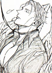 Rule 34 | 1boy, absurdres, angel wings, collar, collared shirt, feathers, highres, jujutsu kaisen, large pectorals, leash, lips, male focus, nanami kento, nekonii, open clothes, open shirt, parted lips, pectorals, shirt, short hair, sketch, solo, twitter username, upper body, wings