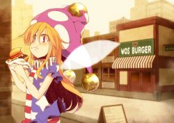 Rule 34 | 1girl, :t, american flag dress, american flag legwear, blonde hair, blush, brand name imitation, building, burger, clownpiece, collar, commentary, eating, fairy wings, food, food on face, hat, holding, holding food, jester cap, kuresento, long hair, mos burger, neck ruff, outdoors, pantyhose, pink eyes, polka dot, red eyes, road, short sleeves, sign, skyscraper, solo, star (symbol), street, striped, touhou, wings