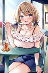 Rule 34 | 1girl, :d, bare shoulders, blonde hair, blue bow, blue eyes, blue skirt, blurry, blurry background, blush, bow, breasts, brown hair, building, chair, cleavage, collarbone, commentary request, cup, depth of field, drink, drinking glass, drinking straw, frills, hair bow, hand up, indoors, large breasts, long hair, looking at viewer, low twintails, off-shoulder shirt, off shoulder, open mouth, original, pencil skirt, restaurant, sakura hiyori, shirt, sitting, skirt, sky, smile, solo, spaghetti strap, table, twintails, very long hair, watch, waving, white shirt, window