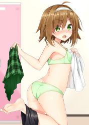 Rule 34 | 1girl, :o, ahoge, ass, bare arms, bare shoulders, barefoot, bike shorts, black shorts, blurry, blurry background, blush, bra, brown hair, clothes pull, collarbone, commentary request, depth of field, fang, feet, fingernails, green bra, green eyes, green panties, green skirt, hair between eyes, hairband, haru (komori kuzuya), highres, holding, holding clothes, holding skirt, indoors, komori kuzuyu, locker, locker room, looking at viewer, looking to the side, nose blush, open mouth, original, panties, plaid, plaid skirt, pleated skirt, school uniform, shirt, shorts, shorts around one leg, shorts pull, sidelocks, skirt, unworn skirt, soles, solo, standing, standing on one leg, toenails, underwear, underwear only, undressing, v-shaped eyebrows, white hairband, white shirt