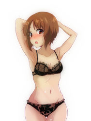 Rule 34 | 10s, 1girl, armpits, arms behind head, black bra, black panties, blush, bow, bow bra, bow panties, bra, breasts, brown eyes, brown hair, collarbone, cowboy shot, frilled panties, frills, girls und panzer, lace, lace-trimmed bra, lace trim, looking at viewer, medium breasts, navel, nishizumi miho, noa p, open mouth, panties, short hair, simple background, solo, standing, sweatdrop, thigh gap, underwear, underwear only, white background
