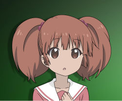 Rule 34 | 1girl, azumanga daiou, brown eyes, brown hair, collarbone, crossover, female focus, gradient background, green background, hair bobbles, hair ornament, hand up, highres, looking at viewer, mihama chiyo, no nose, open mouth, portrait, sailor collar, school uniform, short hair, simple background, solo, tagme, twintails, white sailor collar, yoshikawa chinatsu, yuru yuri