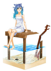 Rule 34 | 1girl, :d, animal ears, arms at sides, barefoot, blue eyes, blue hair, cat ears, caustics, dock, dress, exeb., faux figurine, gradient hair, isometric, legs, long hair, matching hair/eyes, multicolored hair, open mouth, original, partially underwater shot, sand, simple background, sitting, smile, solo, strap slip, sundress, water, white background, white dress