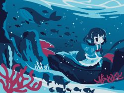 Rule 34 | 1girl, black hair, blue eyes, bubble, chibi, cobalta, coral reef, fish, japanese clothes, kimono, mermaid, monster girl, short hair, solo, touhou, underwater, wakasagihime, wales, whale