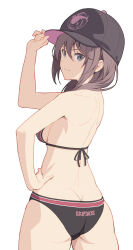 Rule 34 | 1girl, adjusting clothes, adjusting headwear, ass, back, baseball cap, bikini, black bikini, breasts, brown eyes, brown hair, commentary request, contrapposto, cowboy shot, from behind, hand on own hip, hat, highres, long hair, looking at viewer, looking back, medium breasts, original, pinakes, sideboob, simple background, smile, solo, swimsuit, white background