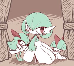 Rule 34 | blush, blush stickers, brown background, chibi, curtains, full body, gardevoir, gen 3 pokemon, green hair, hair over eyes, hair over one eye, hands together, hands up, kirlia, nettsuu, open mouth, pokemon, pokemon (creature), ralts, red eyes, short hair, smile, standing, sweatdrop