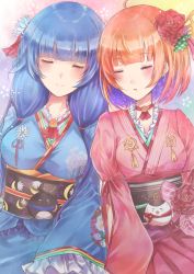 Rule 34 | 2girls, absurdres, bad id, bad twitter id, blue hair, blush, bob cut, breasts, closed eyes, flower, hair flower, hair ornament, hair tie, highres, japanese clothes, kimono, large breasts, long hair, medium breasts, multicolored hair, multiple girls, namamake, open mouth, purple hair, red flower, setsuna (shironeko project), shironeko project, short hair, sidelocks, sitting, sleeping, smile, towa (shironeko project), twintails