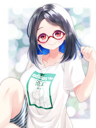 Rule 34 | 1girl, adidas, blue hair, breasts, brown eyes, clenched hand, closed mouth, collarbone, glasses, highres, kson, large breasts, looking at viewer, nashi rin, real life, red-framed eyewear, shirt, short hair, short sleeves, shorts, smile, solo, swept bangs, t-shirt, virtual youtuber, vshojo, white shirt