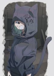 Rule 34 | 1girl, absurdres, animal ears, animal hood, arms at sides, bandaid, bandaid on face, bandaid on nose, black collar, black hoodie, cat ears, cat hood, cat tail, clothes writing, collar, covered eyes, green hair, highres, hood, hood up, hoodie, long sleeves, original, short hair, solo, standing, tail, tail raised, tokiwata soul