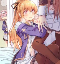 Rule 34 | ..., 10s, 3girls, around corner, bad id, bad pixiv id, bed, blonde hair, blush, brown legwear, curtains, dress shirt, farrah (granblue fantasy), granblue fantasy, hair ribbon, hand on another&#039;s cheek, hand on another&#039;s face, hand under clothes, jacket, katalina (granblue fantasy), long hair, mikan-uji, military, military uniform, multiple girls, navel, off shoulder, on bed, open clothes, ponytail, privacy screen, purple jacket, ribbon, shirt, sitting, skirt, sweatdrop, thighhighs, undressing, uniform, vira (granblue fantasy), white skirt, yuri