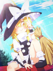 Rule 34 | 1girl, absurdres, ayakashi (monkeypanch), bad id, bad pixiv id, blonde hair, bow, braid, broom, female focus, grin, hair over one eye, hat, hat bow, highres, kirisame marisa, single braid, sitting, smile, solo, star (symbol), touhou, witch, witch hat, wrist cuffs, yellow eyes