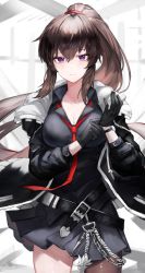 Rule 34 | 1girl, absurdres, belt, black gloves, black hair, black jacket, black shirt, black skirt, breasts, cleavage, collared shirt, counter:side, cowboy shot, expressionless, gloves, gnai, highres, jacket, large breasts, long hair, long sleeves, looking at viewer, miniskirt, necktie, open clothes, open jacket, pleated skirt, ponytail, purple eyes, shirt, skirt, solo, standing, yoo mina