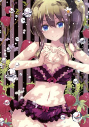 Rule 34 | 1girl, absurdres, bare shoulders, blue eyes, bra, breasts, brown hair, bubble, cleavage, collarbone, contrapposto, dappled sunlight, flower, food, frilled bra, frilled panties, frills, fruit, hair flower, hair ornament, hand gesture, heart, heart hands, highres, kurokawa izumi, large breasts, looking at viewer, midriff, navel, panties, purple bra, purple panties, side ponytail, solo, standing, stomach, strawberry, striped, striped background, sunlight, underwear, underwear only, vertical stripes