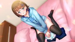 Rule 34 | 1girl, bed, black thighhighs, blue eyes, blush, brown hair, covering privates, feet, female focus, from above, groin, hair ornament, hairclip, hood, hooded jacket, indoors, jacket, kogado, legs, long sleeves, looking at viewer, no panties, no shoes, on bed, open mouth, own hands together, panties, pillow, short hair, short shorts, shorts, sitting, smile, solo, striped clothes, striped panties, thighhighs, thighs, underwear, unworn panties, unworn shorts, yanigaya kokoro, yumeututu reuff1a master
