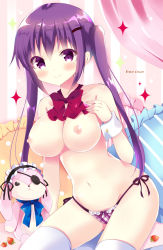 Rule 34 | 1girl, artist name, bitter crown, blush, breasts, eyepatch, food, fruit, gochuumon wa usagi desu ka?, hair ornament, hairclip, long hair, looking at viewer, medium breasts, navel, nipples, panties, plaid, plaid panties, purple eyes, purple hair, purple panties, side-tie panties, smile, solo, sparkle, strawberry, stuffed animal, stuffed rabbit, stuffed toy, tedeza rize, thighhighs, topless, twintails, underwear, underwear only, white thighhighs