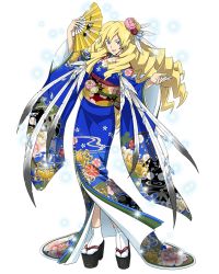 Rule 34 | 1girl, :d, blonde hair, blue eyes, blue kimono, blue nails, feather hair ornament, feathers, floating hair, floral print, flower, full body, hair flower, hair ornament, hand fan, holding, holding fan, japanese clothes, kimono, log horizon, long hair, looking at viewer, nail polish, obi, official art, open mouth, pink flower, platform clogs, red flower, rieze (log horizon), sash, smile, socks, solo, standing, transparent background, very long hair, white feathers, white socks, yukata