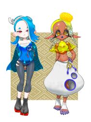 Rule 34 | 2girls, :3, arms behind back, baggy pants, blonde hair, blue hair, border, cameltoe, capelet, chest sarashi, crop top, dark-skinned female, dark skin, ear piercing, facing viewer, fangs, frye (splatoon), full body, groin, hair over one eye, hand on own hip, highres, inkling player character, koharu2.5, midriff, multiple girls, navel, nintendo, octoling player character, open mouth, pants, piercing, pointy ears, red eyes, red lips, sandals, sarashi, shiver (splatoon), smile, socks, splatoon (series), splatoon 3, standing, tentacle hair, toes, torn clothes, torn pants, turtleneck, white border, yellow background