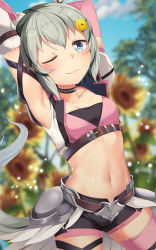 Rule 34 | 1girl, animal ears, armor, armpits, arms behind head, arms up, asymmetrical sleeves, bare shoulders, black choker, black shorts, blue eyes, blue sky, blurry, blurry background, blush, breasts, choker, cleavage, closed mouth, cloud, collarbone, commentary request, cosplay, cowboy shot, crop top, day, ear covers, faulds, flower, gloves, groin, hair between eyes, hair flower, hair ornament, hairclip, highres, horse ears, horse girl, horse tail, looking at viewer, midriff, navel, one eye closed, princess connect!, seiun sky (umamusume), short hair, short shorts, short sleeves, shorts, sidelocks, single ear cover, sky, small breasts, smirk, solo, standing, sunflower, tail, tomo (princess connect!), tomo (princess connect!) (cosplay), umamusume, underbust, yasume yukito, yellow flower