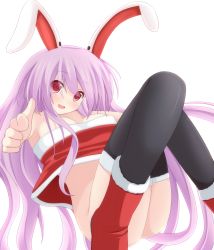 Rule 34 | 1girl, animal ears, aoba senkiri, bad id, bad pixiv id, black thighhighs, blush, boots, bottomless, breasts, chimunge, female focus, finger gun, highres, large breasts, long hair, open mouth, purple hair, rabbit ears, red eyes, red footwear, reisen udongein inaba, shirt, sitting, smile, solo, thighhighs, touhou