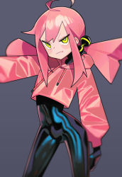 Rule 34 | 1girl, absurdres, ahoge, black bodysuit, bodysuit, bodysuit under clothes, crop top, fang, green eyes, grey background, highres, hood, hoodie, latex, latex bodysuit, looking at viewer, low twintails, original, pink hair, pink shirt, saaal653, shiny clothes, shirt, skin fang, skin tight, solo, twintails, xenon (saaal653)