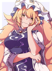 Rule 34 | 1girl, absurdres, animal ears, blonde hair, blue tabard, blush, border, breasts, closed mouth, dress, fox ears, fox tail, gokuu (acoloredpencil), hair between eyes, hand on own cheek, hand on own face, hat, highres, large breasts, long sleeves, looking at viewer, multiple tails, short hair, smile, solo, tabard, tail, touhou, upper body, white border, white dress, white hat, yakumo ran, yellow eyes