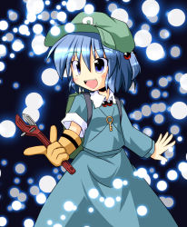 Rule 34 | 1girl, backpack, bag, blue eyes, blue hair, blush, female focus, gloves, hair bobbles, hair ornament, hat, ichidai taisa, kawashiro nitori, key, matching hair/eyes, open mouth, short twintails, sleeves rolled up, solo, touhou, twintails, two side up, wrench