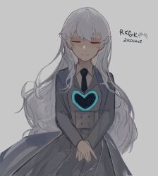 Rule 34 | 1girl, adapted costume, black necktie, blue star, closed eyes, closed mouth, coat, collared shirt, cowboy shot, e.g.o (project moon), employee (project moon), grey coat, grey skirt, grey vest, heart, highres, lk0 71604, lobotomy corporation, long hair, long sleeves, necktie, project moon, shirt, simple background, skirt, solo, vest, white background, white hair, white shirt