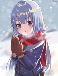 Rule 34 | 1girl, alternate costume, aroa (aroamoyasi), blue eyes, blue jacket, blurry, blurry background, blush, commentary request, enpera, hair between eyes, hibiki (kancolle), jacket, kantai collection, long hair, looking at viewer, mittens, open mouth, plaid, plaid scarf, pleated skirt, red scarf, scarf, school uniform, silver hair, skirt, snowing, solo, upper body, winter clothes