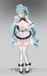 Rule 34 | 1girl, absurdres, animal ears, apron, black dress, blue hair, blush, breasts, cat ears, dress, drill hair, elbow gloves, fake animal ears, full body, gloves, goddess of victory: nikke, heavy breathing, highres, large breasts, legwear garter, light blue hair, long hair, looking to the side, maid, maid headdress, neck bell, official alternate costume, paw hair ornament, piiragp0pz, privaty (nikke), privaty (unkind maid) (nikke), solo, standing, sweat, thighhighs, twin drills, twintails, very long hair, wet, white apron, white gloves, white thighhighs, yellow eyes