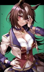 Rule 34 | 1girl, animal ears, breasts, brown hair, choker, cleavage, collarbone, cropped jacket, ear covers, hair between eyes, hand on own hip, hand on own face, highres, horse ears, horse girl, jacket, large breasts, long hair, midriff, multicolored hair, navel, open clothes, open jacket, parted lips, red eyes, single ear cover, sirius symboli (umamusume), skirt, solo, starting future (umamusume), takagi mitsukuni, two-tone hair, umamusume, white hair, wristband