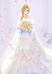 Rule 34 | 1girl, absurdres, ai-assisted, asymmetrical hair, azur lane, bad id, bad pixiv id, bare shoulders, blonde hair, blue eyes, blue gemstone, blue ribbon, bouquet, bridal veil, collarbone, column, commentary, dress, earrings, english commentary, flower, gem, hair over shoulder, heart, heart necklace, highres, holding, holding bouquet, hood (azur lane), jewelry, looking at viewer, necklace, petals, pillar, ribbon, rose, smile, solo, strapless, strapless dress, tiara, tina (tinafya), veil, wedding dress, white dress, yellow flower, yellow rose