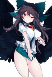 Rule 34 | 1girl, ;3, absurdres, bare legs, black hair, black wings, blouse, blush, bow, breasts, feathered wings, green skirt, hair bow, highres, large breasts, long hair, microskirt, mikomo0106, naughty face, one eye closed, puffy short sleeves, puffy sleeves, red eyes, reiuji utsuho, shirt, short sleeves, skirt, skirt tug, solo, thighs, touhou, v-shaped eyebrows, white shirt, wings