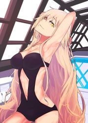 Rule 34 | 1girl, arm behind head, arm up, armpits, blonde hair, breasts, clothing cutout, fate/grand order, fate (series), i-pan, indoors, jeanne d&#039;arc (fate), jeanne d&#039;arc alter (avenger) (fate), jeanne d&#039;arc alter (fate), long hair, looking at viewer, medium breasts, navel cutout, one-piece swimsuit, pool, rei no pool, smile, solo, swimsuit, very long hair, yellow eyes