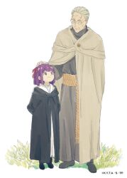 Rule 34 | 1boy, 1girl, age difference, aged down, aged up, arms behind back, belt, black cloak, black footwear, bob cut, boots, bright pupils, brown belt, brown cloak, brown robe, cloak, closed mouth, commentary, copyright notice, dress, fern (sousou no frieren), full body, glasses, grass, grey hair, hair ribbon, hair slicked back, hand on another&#039;s head, headpat, height difference, heiter, highres, light smile, looking at another, looking down, looking up, official art, old, old man, promotional art, purple hair, raised eyebrows, rectangular eyewear, red ribbon, ribbon, robe, shinashina, short hair, sousou no frieren, standing, white background, white dress, wrinkled skin